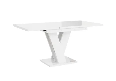 A white dining table with a modern, X-shaped pedestal base, shown from a three-quarter view against a white background.