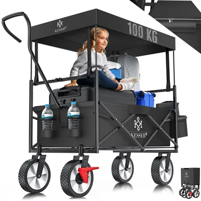 Produktbild von KESSER® Bollerwagen faltbar mit Dach Handwagen Transportkarre Gerätewagen | inkl. 2 Netztaschen und Einer Außentasche | klappbar | Vollgummi-Reifen | bis 100 kg Tragkraft | Mit Vorderrad-Bremse