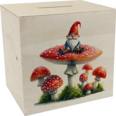 Produktbild von Gartenzwerg auf einem Fliegenpilz Spardose aus Holz