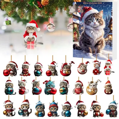 Produktbild von Adventskalender 2025, Weihnachtsbaum Katzen Anhänger, 24-Tage-Weihnachts-Countdown-Kalender, 2D Acryl Katzenanhänger Weihnachtskalender