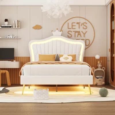 Produktbild von Weiß Kinderbett Polsterbet 90x200cm (Ohne Matratze) Bettgestell für Mädchen, weißes Kronen-Doppelbettgestell aus Kunstleder mit LED-Leuchten