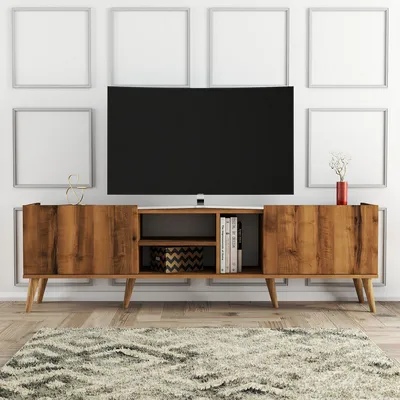 Produktbild von Skye Decor, Hochwertiger TV-Ständer, Walnuss, 180 x 52 x 34 cm | 100% melaminbeschichtete Spanplatte, 18 mm dick | Mit Holzbeinen, zahlreichen Regalen, wandmontierbar, skandinavisches Design.