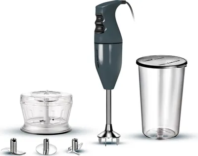 Das Unold ESGE-Zauberstab Bundle E 120 Select Anthrazit besteht aus einem dunkelgrauen Stabmixer mit