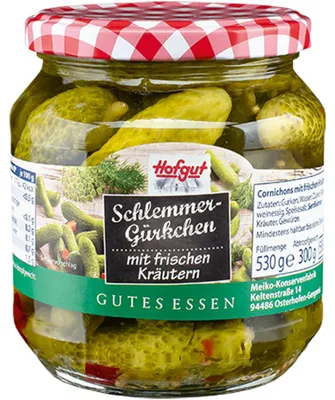 Obrázek produktu pro Nakládané okurky Hofgut Schlemmer s čerstvými bylinkami ve sklenici 580ml