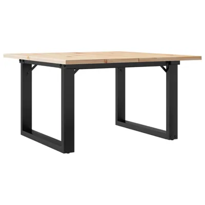 A square wooden table with black metal legs, shown from a side-angle against a white background.