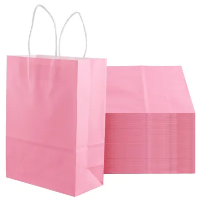 100 rosa Papier-Geschenktüten mit Henkeln, 16 x 8 x 22 cm