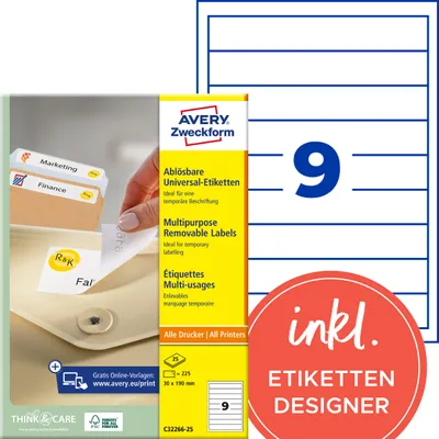 Produktbild von Avery Zweckform C32266-25, Ordner-Einsteckschilder, A4, 30 x 190 mm, 225 Stück / 25 Bögen, weiß