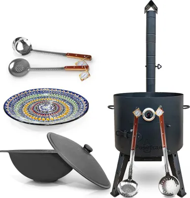Produktbild von Utschak Uchag Feuerofen 49 cm 2 mm mit Usbekische Kazan 22 L Schaumlöffel Lagan
