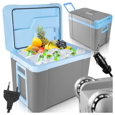 Productafbeelding van Koelbox, mobiele autokoelkast, 12/230V, 35 liter, grijs, voor kamperen. Met eco-modus, warmhoudfunctie, wielen en een behuizing met warmte-isolatie, AI-gegenereerde afbeelding