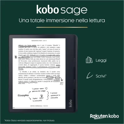 A Kobo Sage e-reader is shown displaying text and a diagram, with marketing text and logos on the right and top.