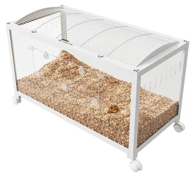 Obrázok produktu pre Klietka pre škrečka – Transparentné bývanie pre hlodavce – Plast – 96 x 47 x 61 cm – Vhodné na vonkajšie použitie – S vstupnými dvierkami – Biele