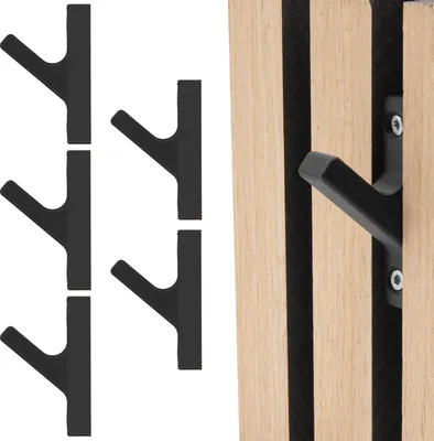 A set of black coat hooks on a white background, with a detail of one hook attached to a slatted wooden panel.