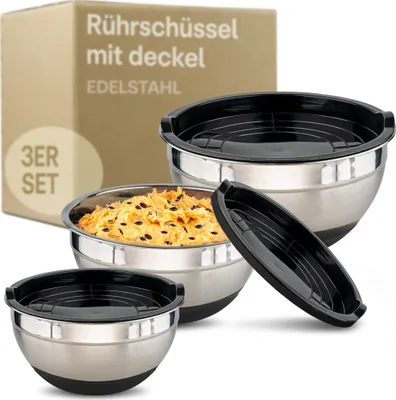 Produktbild von Praknu 3 Rührschüsseln aus Edelstahl mit Deckel - Rutschfest - Luftdicht - Mit Messskala - Platzsparend - Ideal zum Mischen