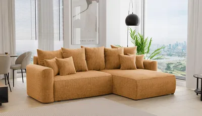 Produktbild von Ecksofa L, 3-Sitzer Ecksofa ANTONIO BARI – 260x160x78cm, Ottomane rechts/links, L-Form, Schlaffunktion & Bettkästen - Eckarniutur, Bezug - Senffarbe