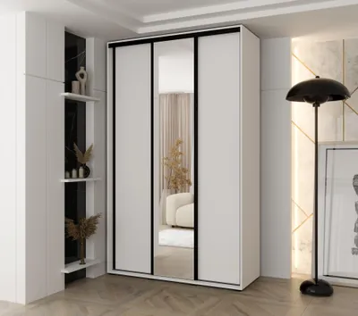 Produktbild von MINIO go for it, Kleiderschrank VADO, 150x235,2x60 cm, 3 Schiebetüren (1 Spiegel), 6 Einlegeböden, 2 Metallstangen, Stahlgriffe, Weiß Matt