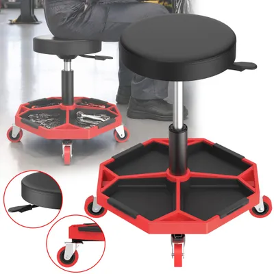 Image de Tabouret de travail pivotant - Siège pour mécaniciens - Capacité de charge de 150 kg - Réglable en hauteur de 42 à 55 cm - Assise rembourrée de 5 cm - Roulettes pivotantes à 360° - Rangement pour outils - Noir/Rouge