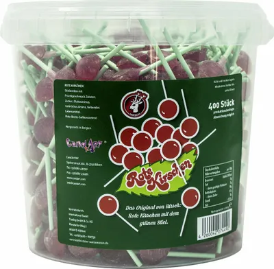 Produktbild von Hirsch Rote Kirschen Lollies 400 rote Lutscher in einem Eimer 1200g