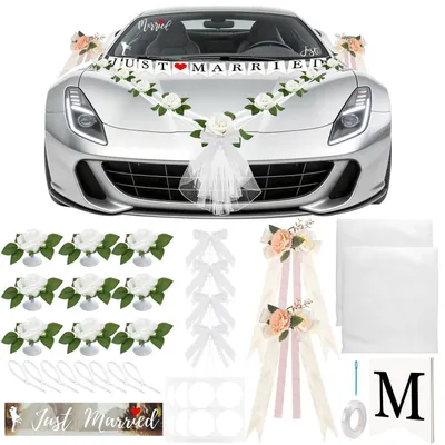 Produktbild von Hochzeit Autoschmuck Set 4 Türgriffschleifen 2 Saugnapfschleifen 1,8m Blumengirlande 9 Rosen Just Married Aufkleber Wimpelkette