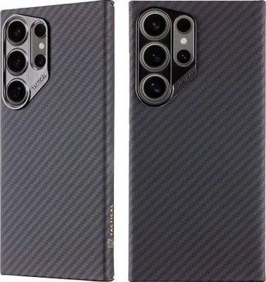 Two views of a black carbon fiber textured phone case with a prominent camera module.