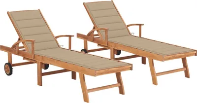 Produktbild von Sonnenliegen 2 Stk. mit Auflagen Beige Massivholz Teak