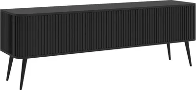 A black TV lowboard with fluted doors and black metal legs, presented on a white background.