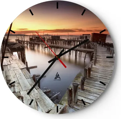 Produktbild von Wanduhr - Rund - Glasuhr - Brücke Boot Meer - 30x30cm - Schleichendes Uhrwerk - Lautlos - zum Aufhängen bereit - Dekoration Modern - Wanddekoration aus Glas - C3AR30x30-3807