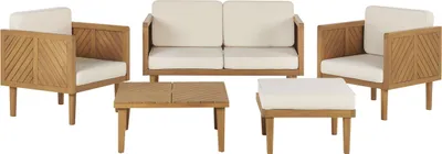 Produktbild von BELIANI Lounge Set Hellbraun Akazienholz 5-teilig für 4 Personen mit Auflagen Beige Stoff Couchtisch Fußhocker 2er Sofa 2 Sessel Outdoor Garten