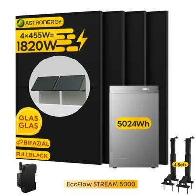 Produktbild von Powerness Balkonkraftwerk mit Speicher: EcoFlow STREAM 5000 Speicher 5024Wh  & 4x Astronergy  455W Module & Smart Meter & 4x Flachdach-Halterung