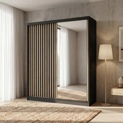 Produktbild von BEAUTYSOFA | Kleiderschrank DONATELLO 180 cm Schwarz/Artisan mit Spiegel und Lamellen Schwebetürenschrank modern