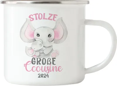 Produktbild von Stolze Große Cousine 2024 Emaille Tasse Family Familienzusammenhalt Geborgenheit Beschützerin Liebe Elefanten