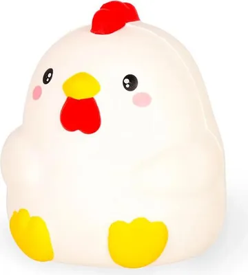 A white chicken-shaped toy with red comb and wattle, and yellow beak and feet, against a white background.