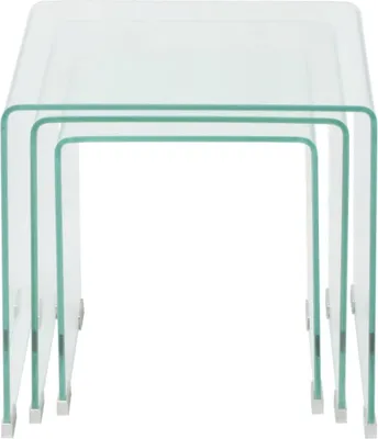 Three clear glass nesting tables are shown from the front against a white background.