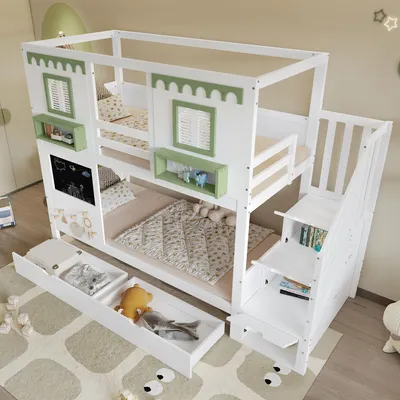 Produktbild von MODFU Etagenbett Holzbett 90x200 mit kleinem Lochbrett-Bereich und Stauraum,Kinderbett mit 2 Rollschubladen Kinderzimmer Kiefer,Mit zwei Matratze,Weiß+Grün