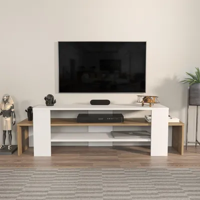 Produktbild von Skye Decor, Lenora - White, Walnut, Fernsehtisch, Weiß, 100 % MELAMINBESCHICHTETE SPANPLATTEN, 150 x 35 x 45 cm