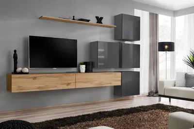 Image de Ensemble n bois Meuble TV en bois Salon Meuble mural Étagère murale Design
