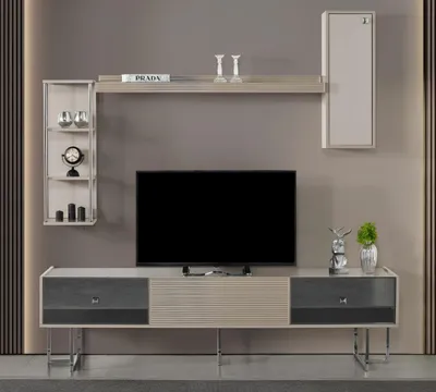 Produktbild von Wohnwand RTV Lowboard TV Ständer Schrank Holz Grau Regale Wohnzimmer