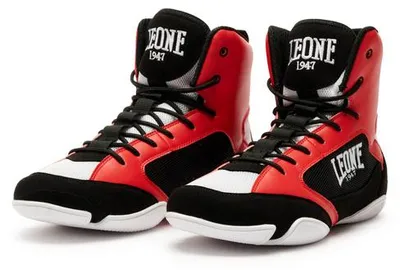 Zdjęcie produktu dla Buty bokserskie PREMIUM Leone1947 – czarno-czerwone, profesjonalne obuwie treningowe rozmiar 37