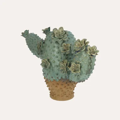 Immagine prodotto di KEYHOMESTORE | Vaso Cactus in Vetroceramica Verde con Dettagli Floreali H.26×34×15,5 cm