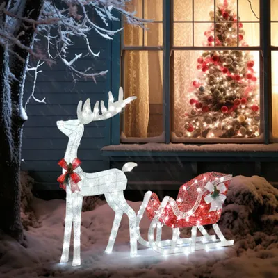 Image de Ensemble de décoration de Noël pour l'extérieur, comprenant un renne et un traîneau, avec 180 LED, rouge et blanc