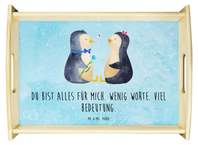 Produktbild von Mr. & Mrs. Panda Tablett Pinguin Pärchen - Eisblau - Geschenk, Liebe, Holztablett, holz, Hochzeitstag, Serviertablett, aus, Jahrestag