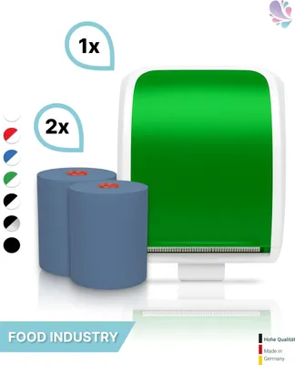 Produktbild von SET: Handtuchrollenspender Autocut, Blanc Cosmos verschied. Farben + 2 Handtuchrollen Classico BLAU - PRODUKTSET : Farbe - Grün / Weiß Farbe: Grün / Weiß