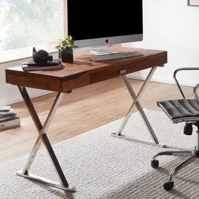 Produktbild von FineBuy Schreibtisch 120x55x78 cm Sheesham Massivholz / Metall Chrom Design Bürotisch mit Schublade HomeOffice Laptoptisch Computertisch mit Stauraum