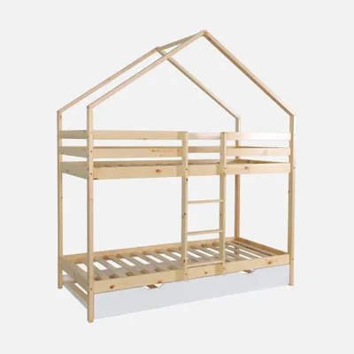 Produktbild von sweeek - Kinder-Etagenbett Hausbett 90 x 190 cm aus Kiefernholz mit Ausziehbett - Weiß