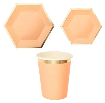 Produktbild von 30-teiliges Party-Set Sechseck apricot-gold inkl. Pappteller Groß, Pappteller Klein und Pappbecher