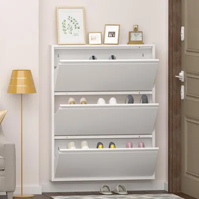 Produktbild von Metall Schuhschrank mit 3 Kippfächern, wandhängend, schmaler Schuhkipper für Diele, 80x15,2x109,25 cm, Weiß