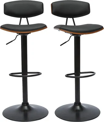 Produktbild von Miliboo - Design-Barhocker höhenverstellbar in Schwarz mit dunklem Holz (2er-Set) VASCO