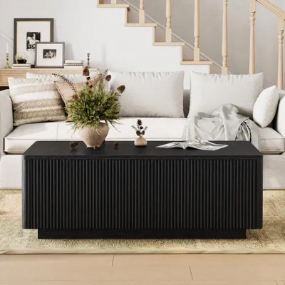 Produktbild von FABATO Lift-Couchtisch 106 cm mit großem verstecktem Stauraum, rechteckiges Fluted-Design mit abgerundeten Ecken, aufklappbar, Schwarz