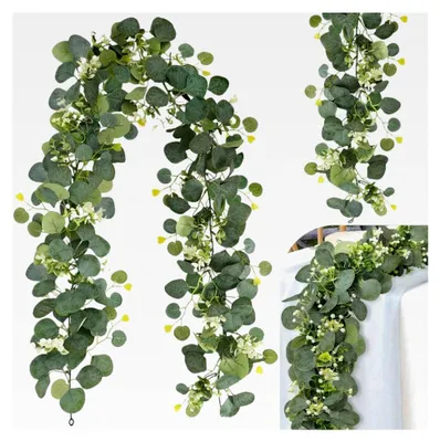 Produktbild von 2 Stück Eukalyptus-Girlande, Künstliche Eukalyptus-Dekoration 180 cm mit grünen Blättern und weißen Blumen für Hochzeiten, Gartenpartys und Tischdekoration