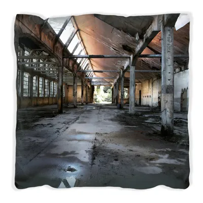 Produktbild von Wallario Premium Kissen, weiche Oberfläche, mit Motiv Alte Industriehalle  leerstehend und einsam, Größe: 30 x 30 cm, mit weißer Rückseite