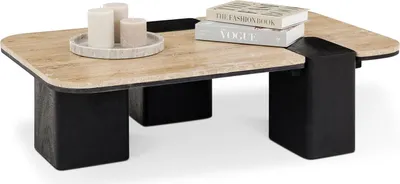 Produktbild von Couchtisch SURAT mit doppelter Tischplatte aus Mangoholz und Travertin, 100 x 27 x 60 cm, Beige/Schwarz - Moderner Wohnzimmertisch mit eingefasster Tischplatte Clubtisch, Coffee Table